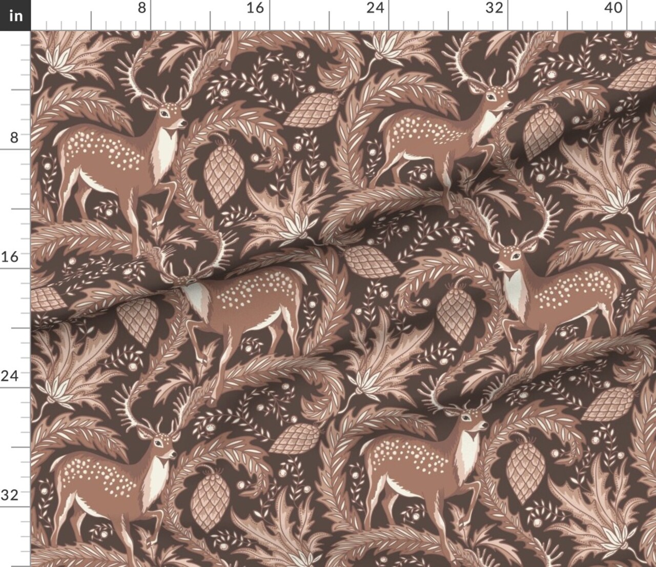 Flower Brown Floral Deer Christmas Plants Neutral Monochromatic Animal Print Magical Fairytale Cone Northern Earth Tone Custom Printed Fabric by Spoonflower Various Fabrics by the Yard or Fat Quarter